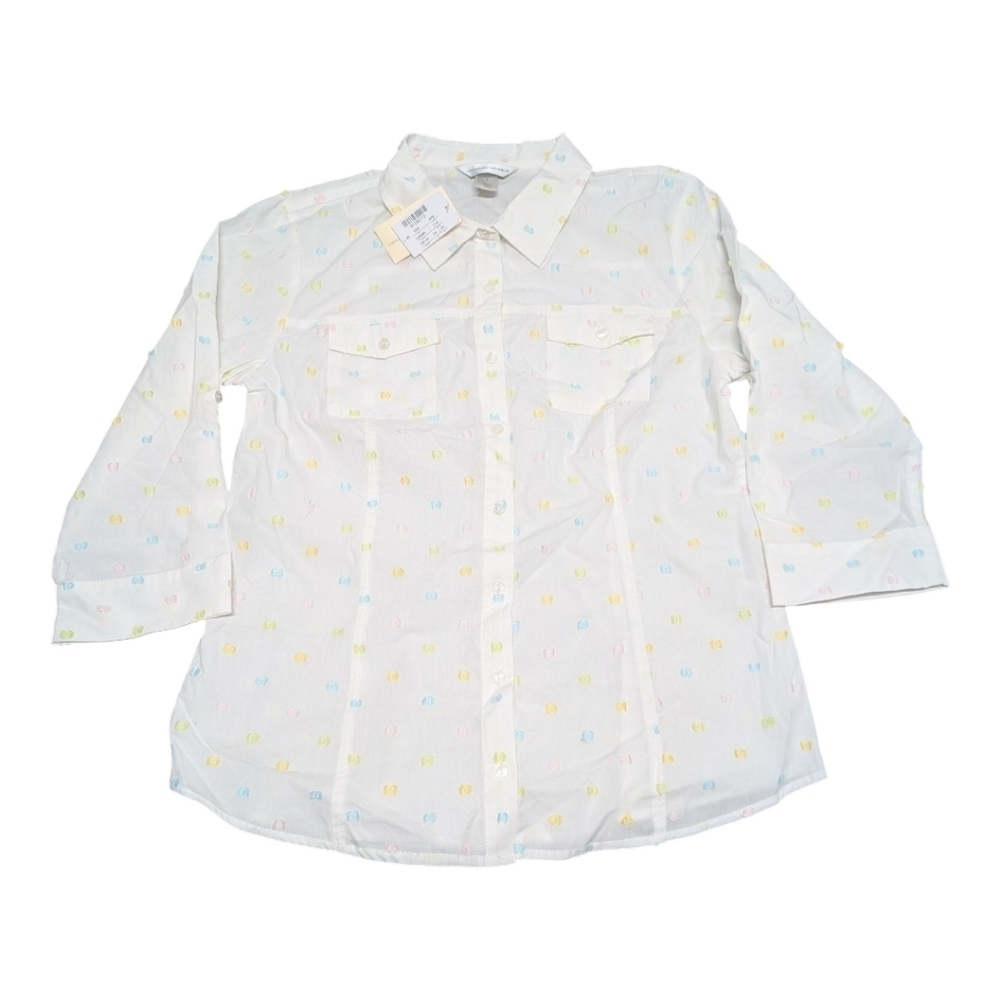 Christopher & Banks Women's White Embroidered Speckled Button-Up Shirt Small